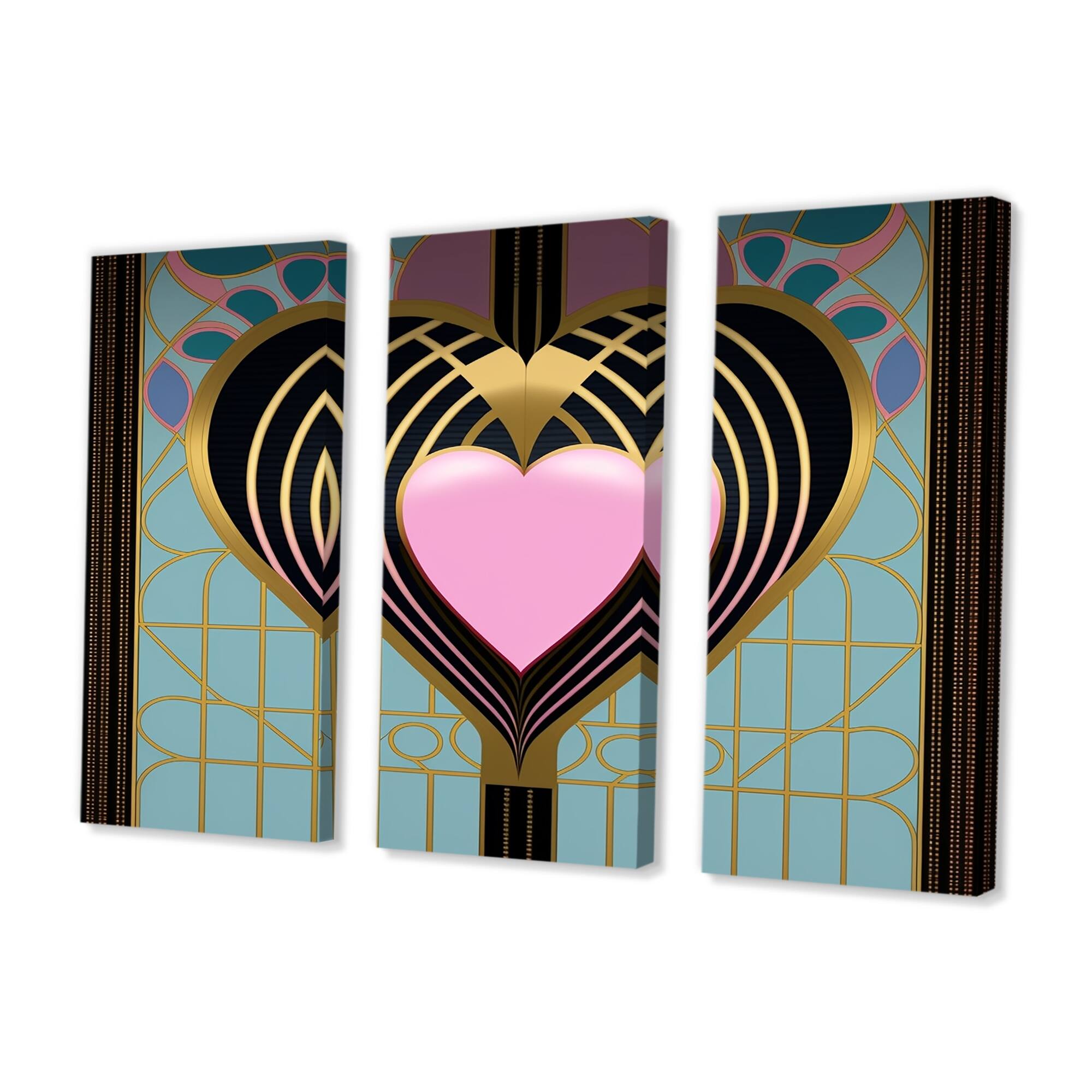 Designart "Pink And Gold Art Nouveau Heart" Romantic Abstract Canvas